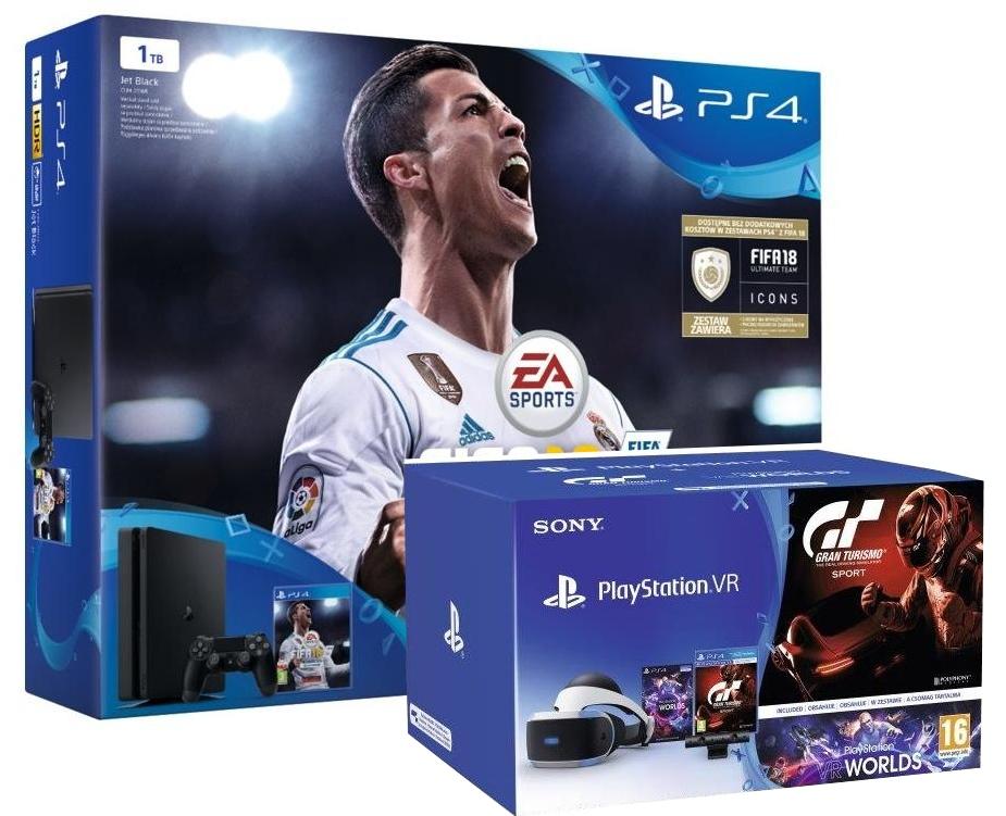 Konsola Sony PlayStation 4 Slim 1TB + PlayStation VR + FIFA 18 + Gran Turismo Sport + VR Worlds