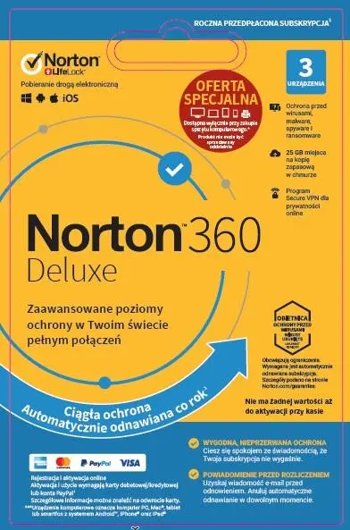 Antywirus Norton 360 Deluxe 25GB 3 Urządzenia/1 Rok Attach Kod aktywacyjny