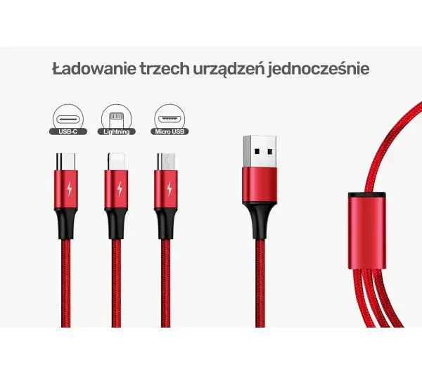 Unitek 3w1 USB do USB typ C microUSB Lightning 1,2m Czerwony