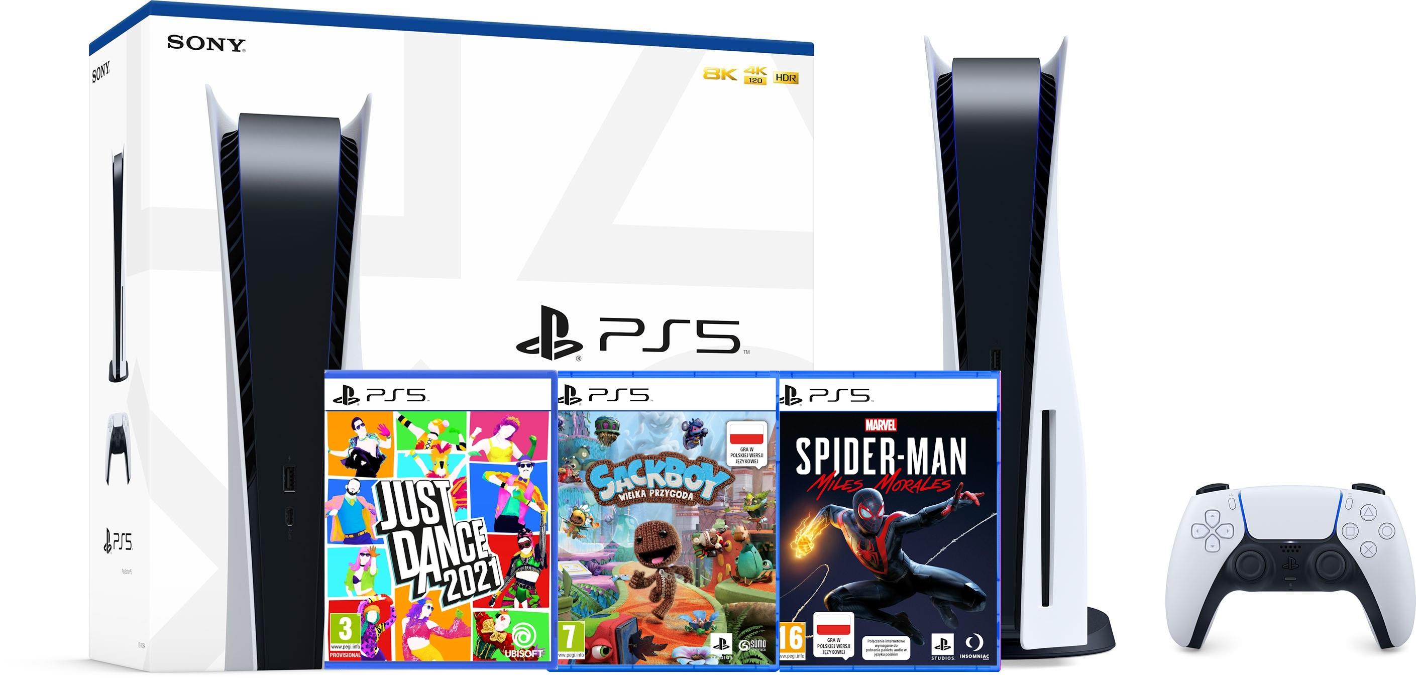 Konsola Sony PlayStation 5 (PS5) + Marvel’s Spider-Man: Miles Morales + Sackboy: Wielka Przygoda + Just Dance 2021