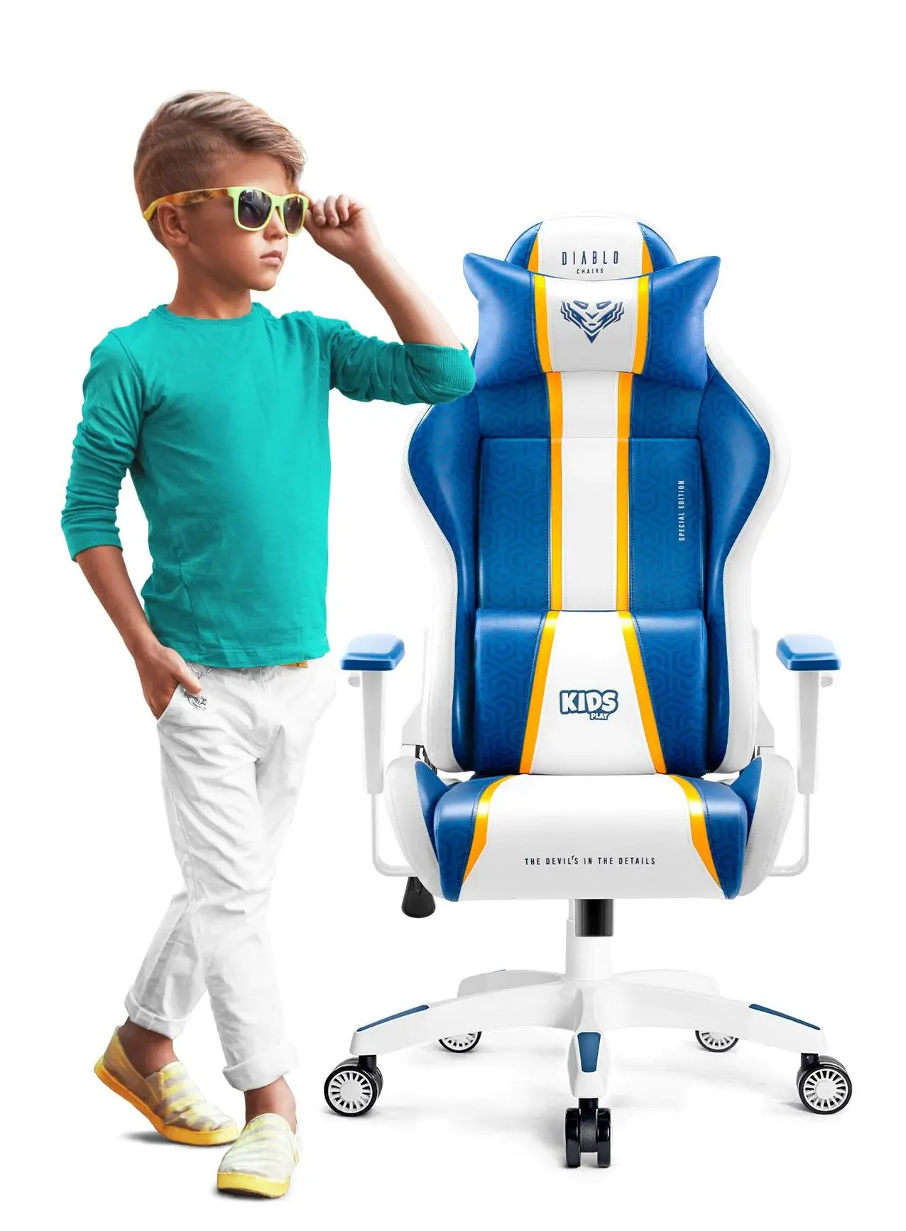 Fotel Diablo Chairs X-One 2.0 Kids Size Dla dzieci do 160kg Skóra ECO Tkanina Biało-niebieski