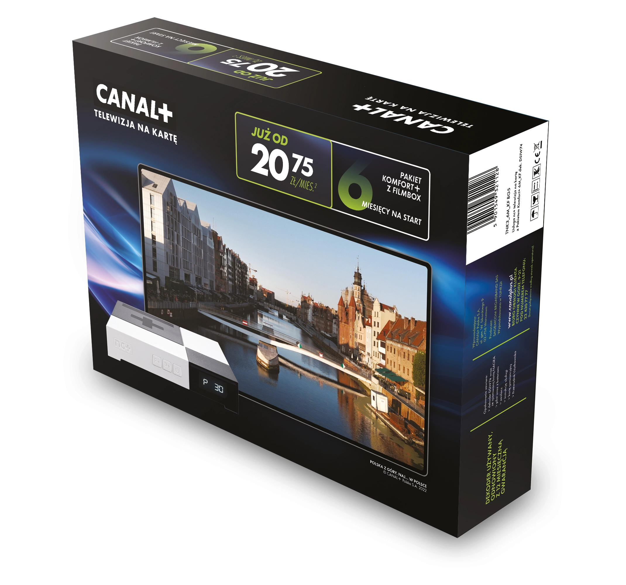 Usługa nc+ telewizja na kartę (pakiet Komfort+ z kanałami FILMBOX 6 m-cy) - dekoder odnowiony WIFIBOX+ SAGEMCOM DSIW74