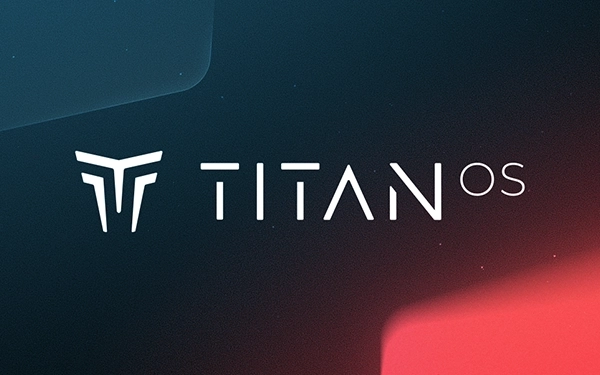 Logo Titan OS na granatowo-czerwonym tle – symbol systemu operacyjnego dla telewizorów Smart TV