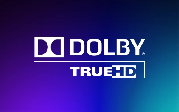 Логотип Dolby TrueHD (висока чіткість) білого кольору на градієнтному фоні відтінків фіолетового та синього