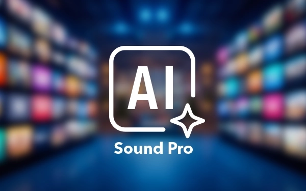 Логотип AI Sound Pro білого кольору на тлі розмитих екранів різних кольорів