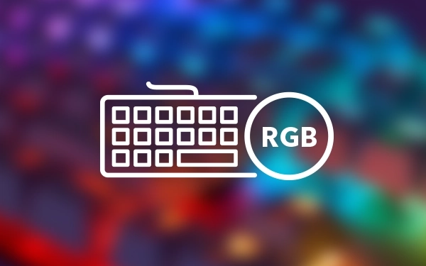 Ikona klawiatury z oznaczeniem RGB (Red Green Blue) na kolorowym, rozmytym tle