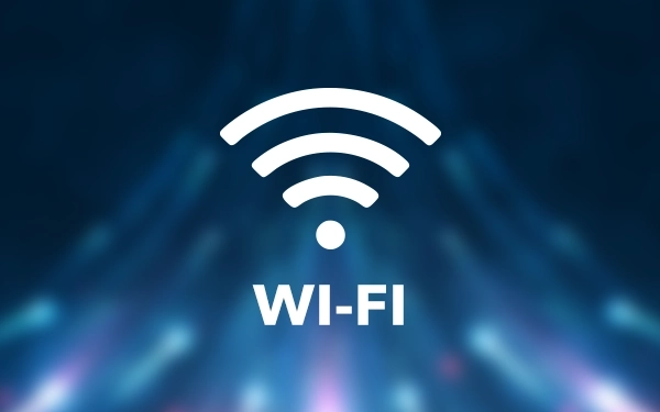 Белый значок Wi-Fi (Wireless Fidelity) на синем подсвеченном фоне