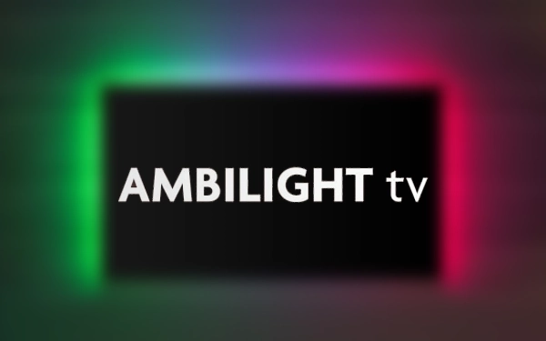 Logo Ambilight TV na tle kolorowych świateł – symbol technologii podświetlenia ekranu w telewizorach
