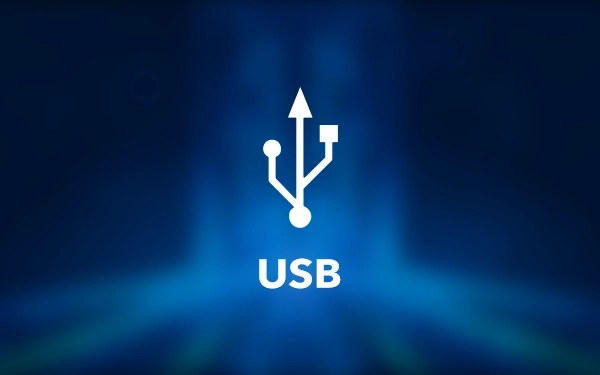 Символ USB (універсальна послідовна шина) на синьому графічному фоні.