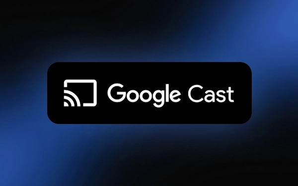 Логотип Google Cast білого кольору на чорному прямокутнику з синім градієнтним фоном.