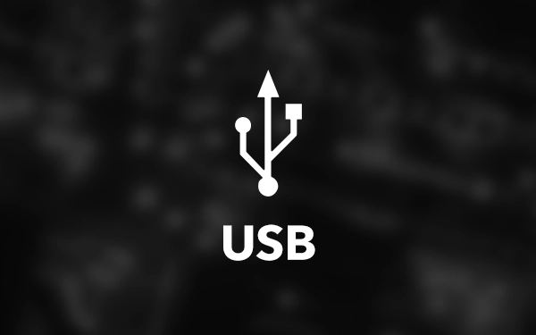 Белый логотип USB (Universal Serial Bus) – символ с тремя концами над словом USB на темном размытом фоне.