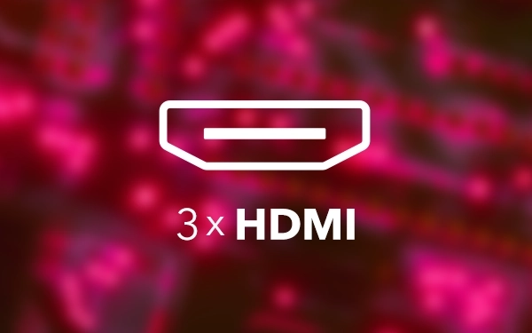 Значок разъема с текстом 3×HDMI (High-Definition Multimedia Interface) на розово-красном фоне