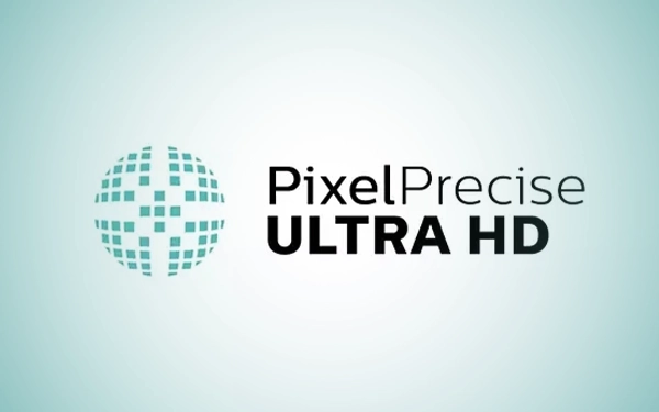 Logo Pixel Precise Ultra HD – symbol kuli złożonej z pikseli obok napisu oznaczającego technologię poprawy jakości obrazu