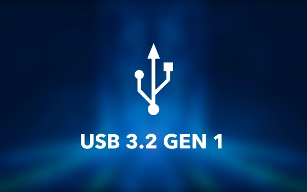 Піктограма із символом USB (універсальна послідовна шина) та текстом USB 3.2 Gen 1 на розмитому синьому фоні