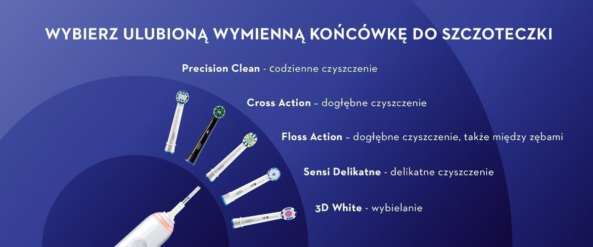 WYBIERZ  ODPOWIEDNIĄ WYMIENNĄ KOŃCÓWKĘ Precision Clean – codzienne czyszczenie Cross Action – dogłębne czyszczenie Floss Action – dogłębne czyszczenie, także między zębami Sensi Delikatne – delikatne czyszczenie 3D White – wybielanie