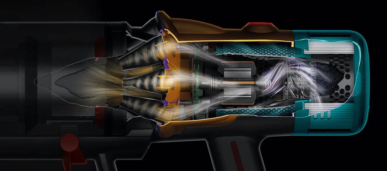 Розріз двигуна Dyson Hyperdymium, що демонструє технологію всмоктування та потоку повітря