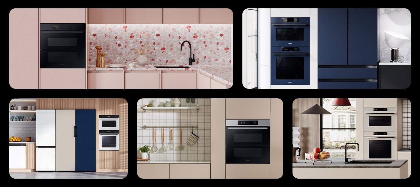 Колаж фотографій кухонних інтер'єрів, в яких побутова техніка - це пристрої Samsung Bespoke, доступні в Rtv Euro Agd Колаж фотографій кухонних інтер'єрів, в яких побутова техніка - це пристрої Samsung Bespoke, доступні в Rtv Euro Agd