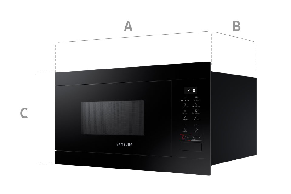 A műszaki rajz a Samsung MS22M8254AK/E1 beépíthető mikrohullámú sütő méreteit mutatja.