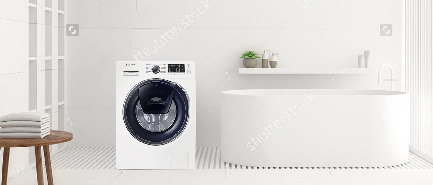чорно-біла пральна машина в сучасній ванній кімнаті