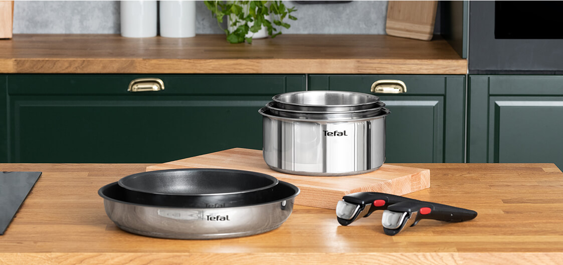 Tefal Ingenio Enjoy - Set di 2 padelle da 22/28 cm + 2 casseruole da 18/20 cm + manico estraibile, induzione antiaderente, rivestimento titanio, Thermo -signal, lavabile in lavastoviglie e forno