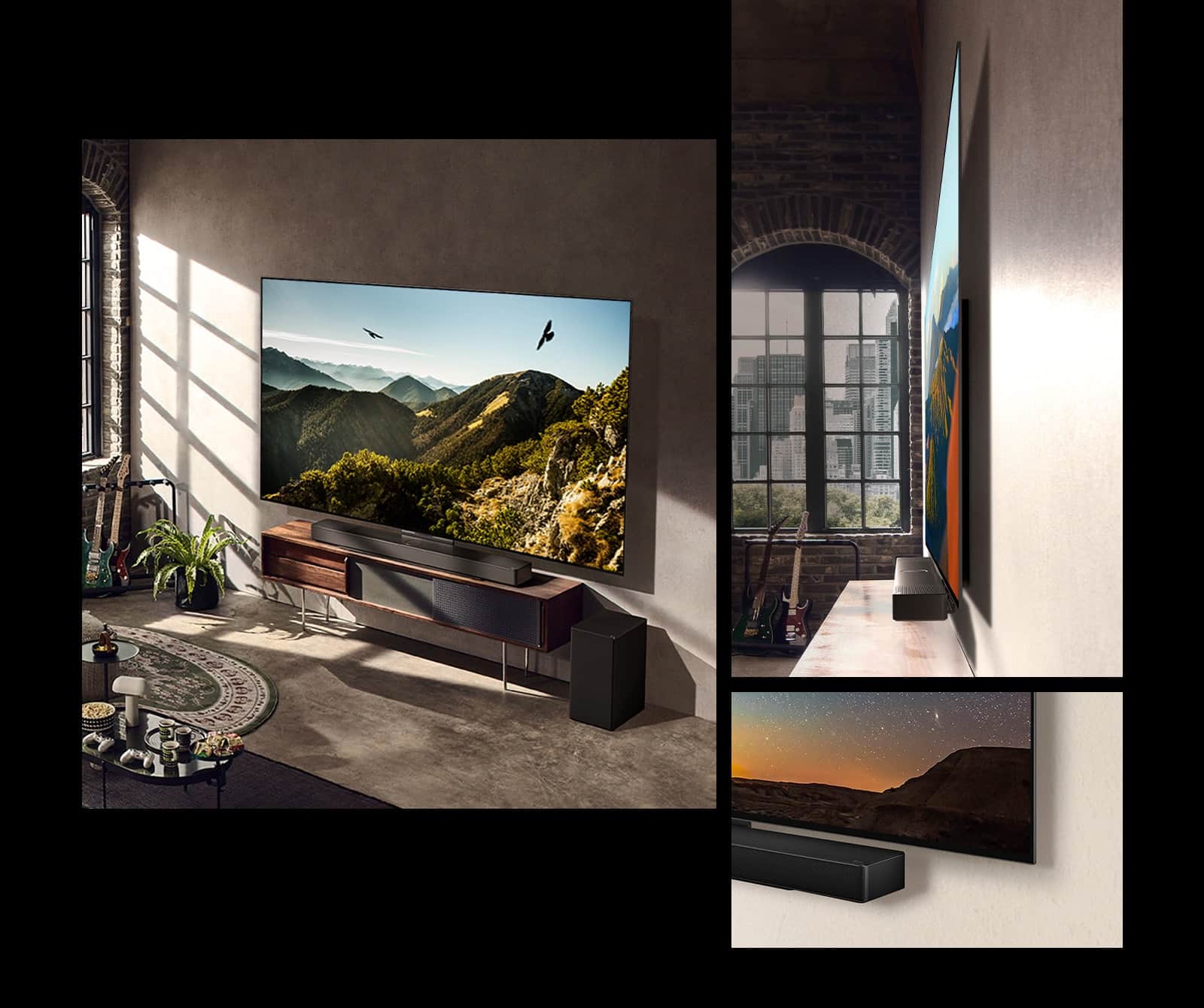 Фотографія телевізора LG OLED C3 із звуковою панеллю на стіні в художньо оформленій кімнаті. Вид збоку, який показує, наскільки тонкий телевізор LG OLED C3, розміщений перед вікном з видом на місто. Нижній кут телевізора та звукової панелі LG OLED C3.