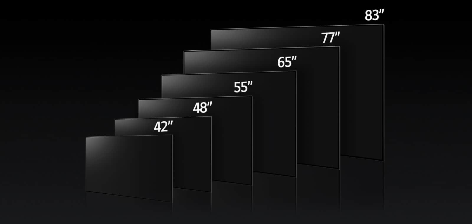 Порівняльне зображення різних розмірів телевізора LG OLED G3, на якому показано 55-дюймові моделі