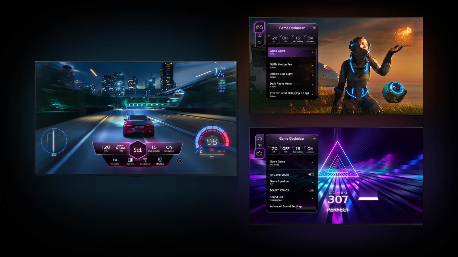 Три ігрові сцени, показані на чорному градієнтному тлі. На одному зображено гоночну гру з ігровим столом, що плаває над зображенням. Другий показує гру Sci-Fi з меню Game Optimizer. Третій показує картку Game Optimizer над музичною грою.
