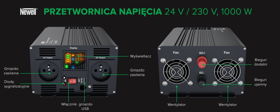 Przetwornica napięcia Newell z czystą sinusoidą - 24 V / 230 V, 1000 W