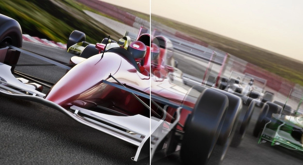 Wyścig F1 ostrość vs motion blur
