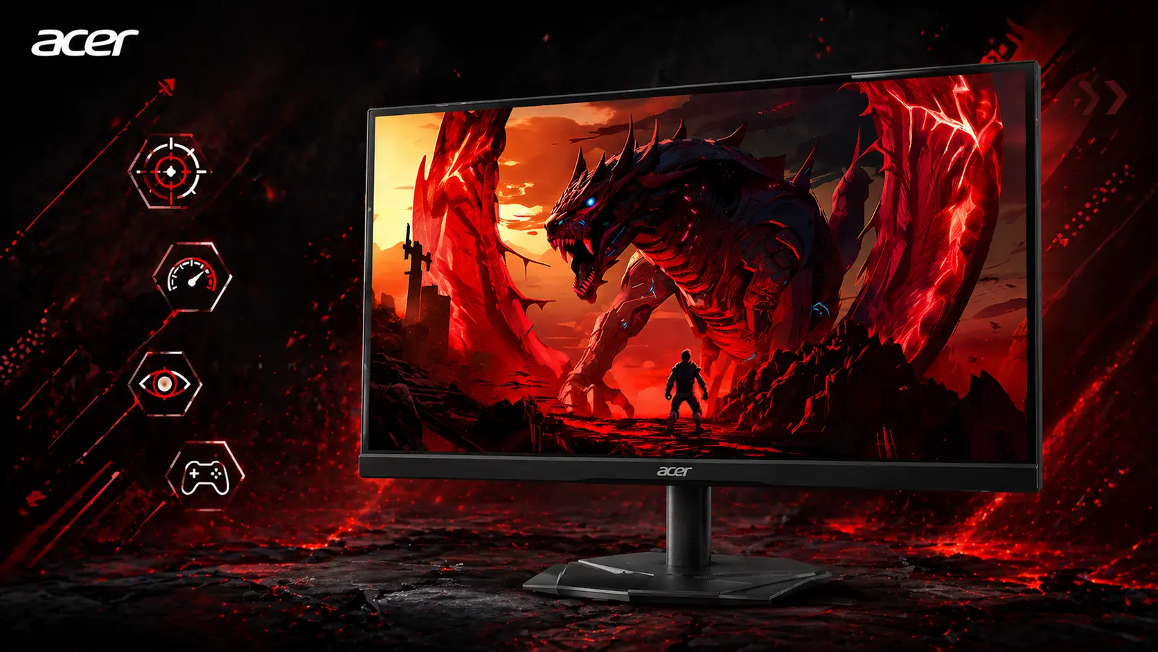 Monitor gamingowy Acer z dynamiczną sceną fantasy i ikonami