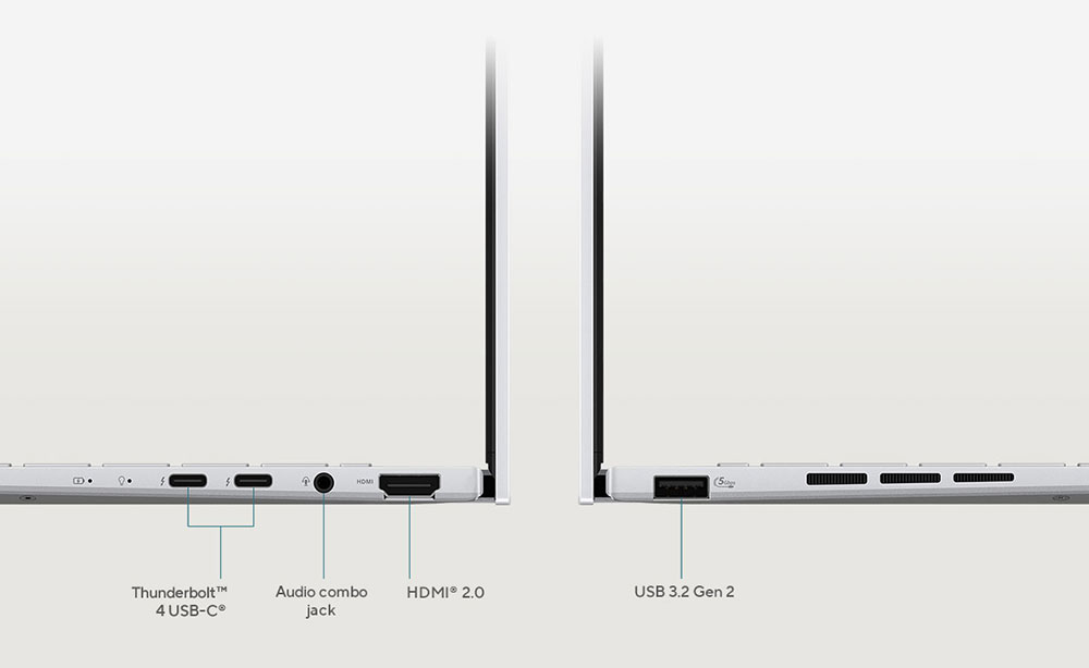 2 x Thunderbolt™ 4, 1 x USB 3.2 Gen 1 Type-A, HDMI 2.1 (TMDS), port audio