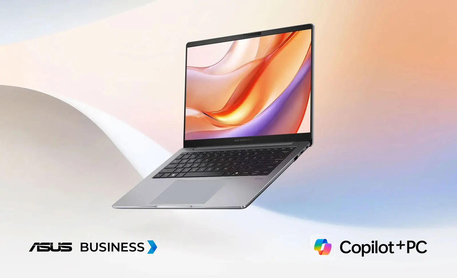 Ноутбук ASUS ExpertBook PM3 на абстрактному пастельному фоні, з логотипами ASUS BUSINESS та Copilot+PC нижче