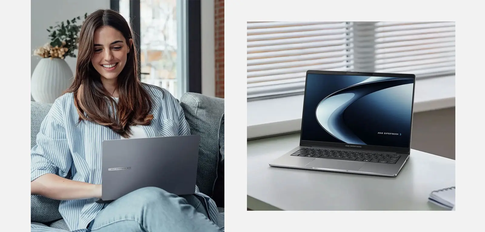 Ліворуч, бізнесвумен, яка працює віддалено, використовує ASUS ExpertBook PM3, праворуч, ASUS ExpertBook PM3 на офісному столі.