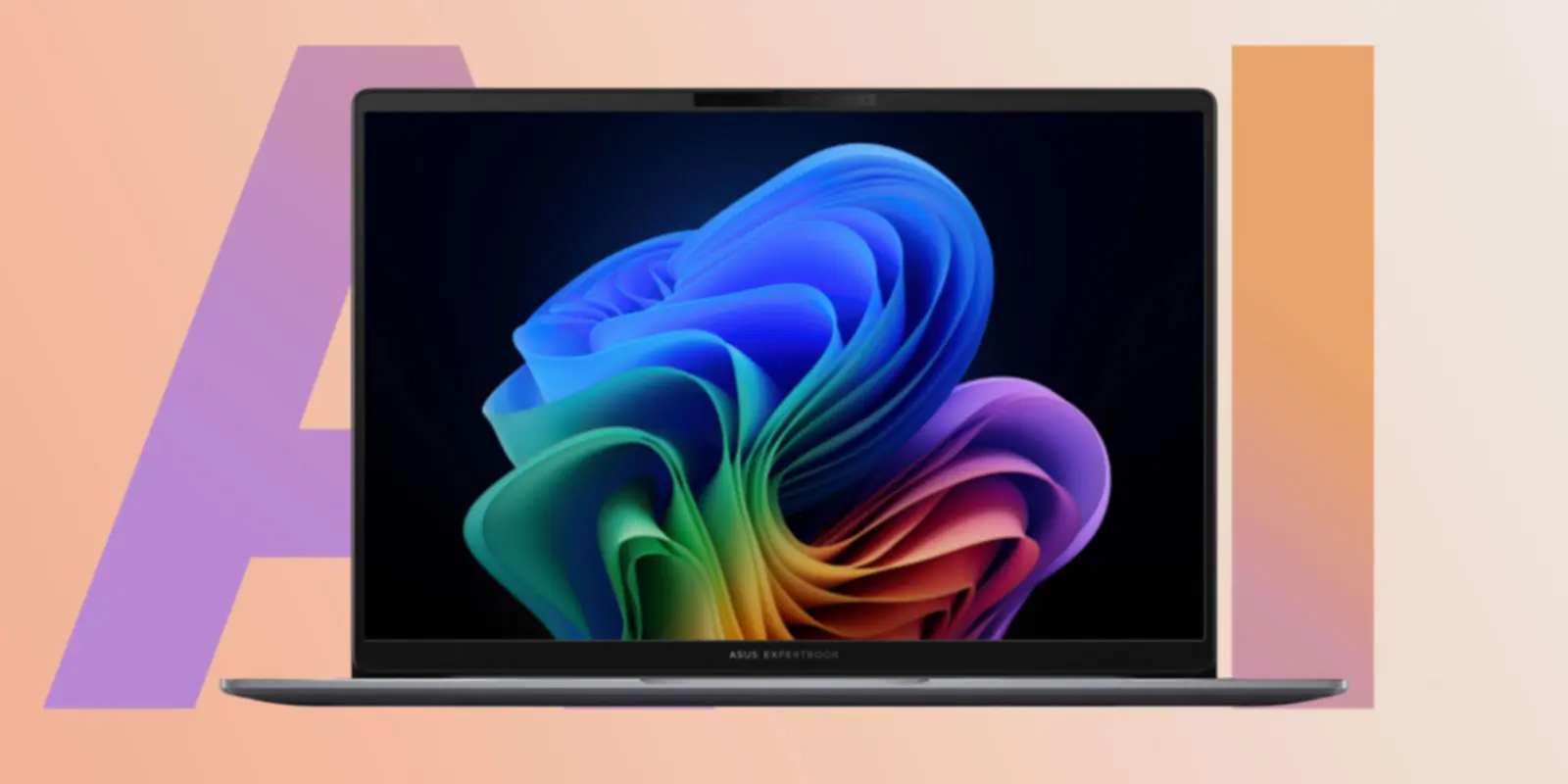 ASUS ExpertBook PM3 на рожево-фіолетовому фоні з великими літерами AI