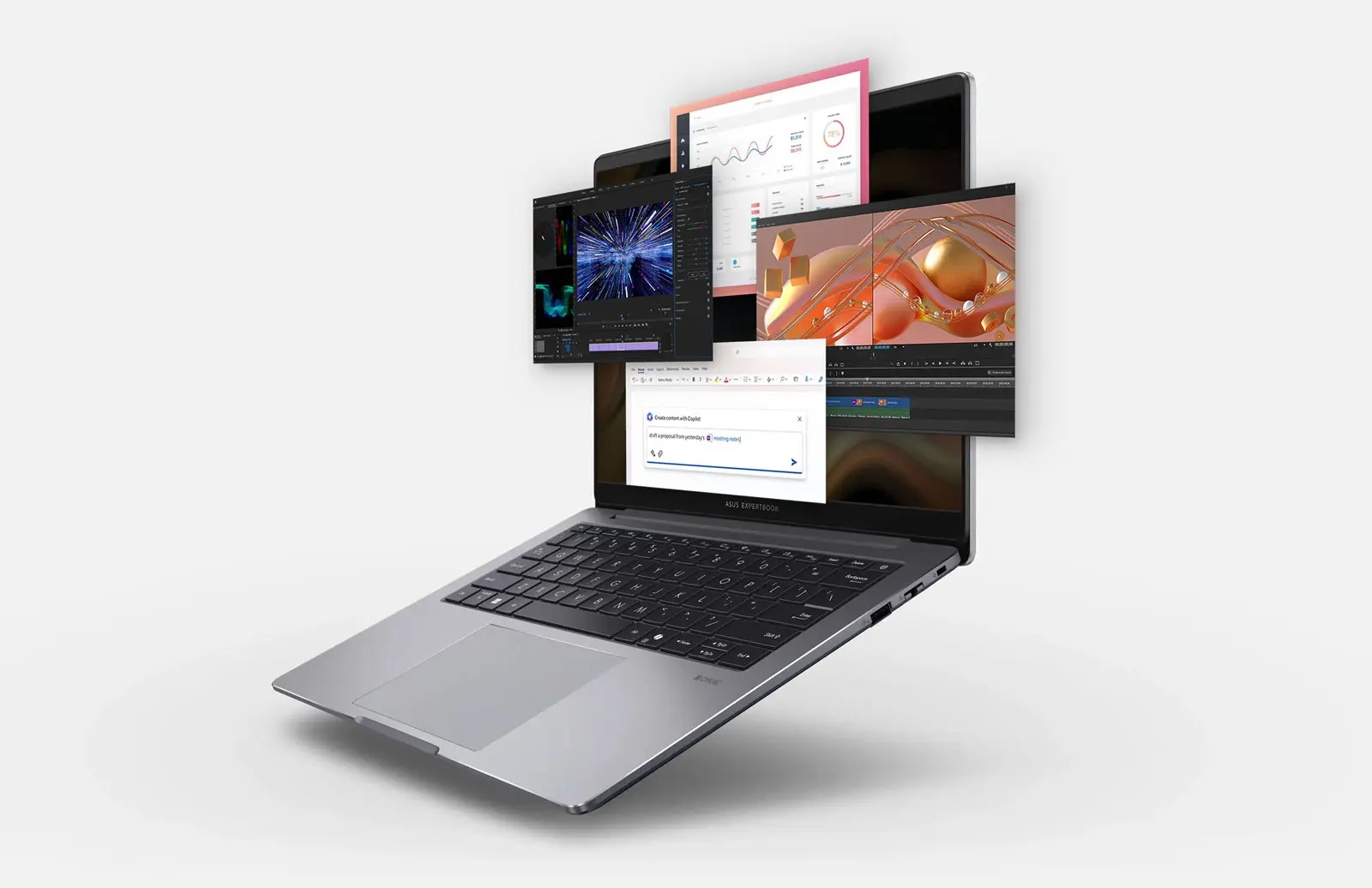 Ноутбук ASUS ExpertBook PM3 на яскравому фоні, з екранами багатьох запущених програм, що вилітають з екрана у вигляді візуалізацій