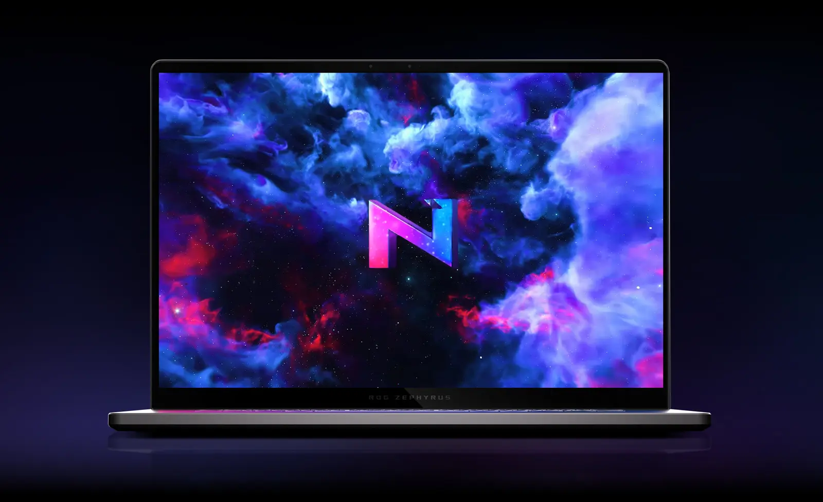 Стилізовані фіолетові хмари на екрані ASUS Zephyrus G14, логотип ROG Nebula в центрі