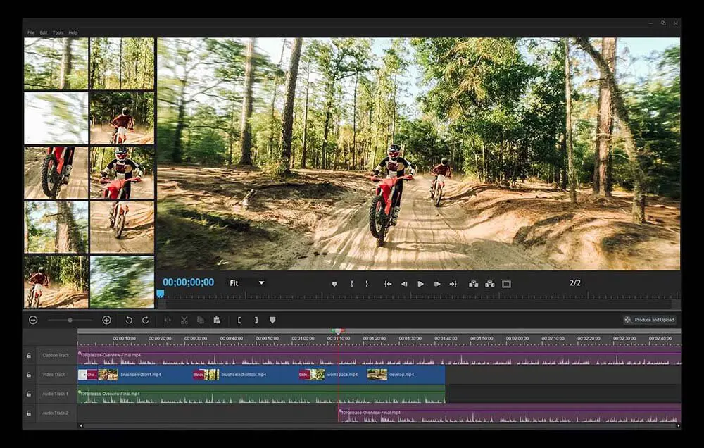 Екран ноутбука з Adobe Premiere Pro та відео змагань з мотокросу у форматі 8K, відкритим на часовій шкалі.