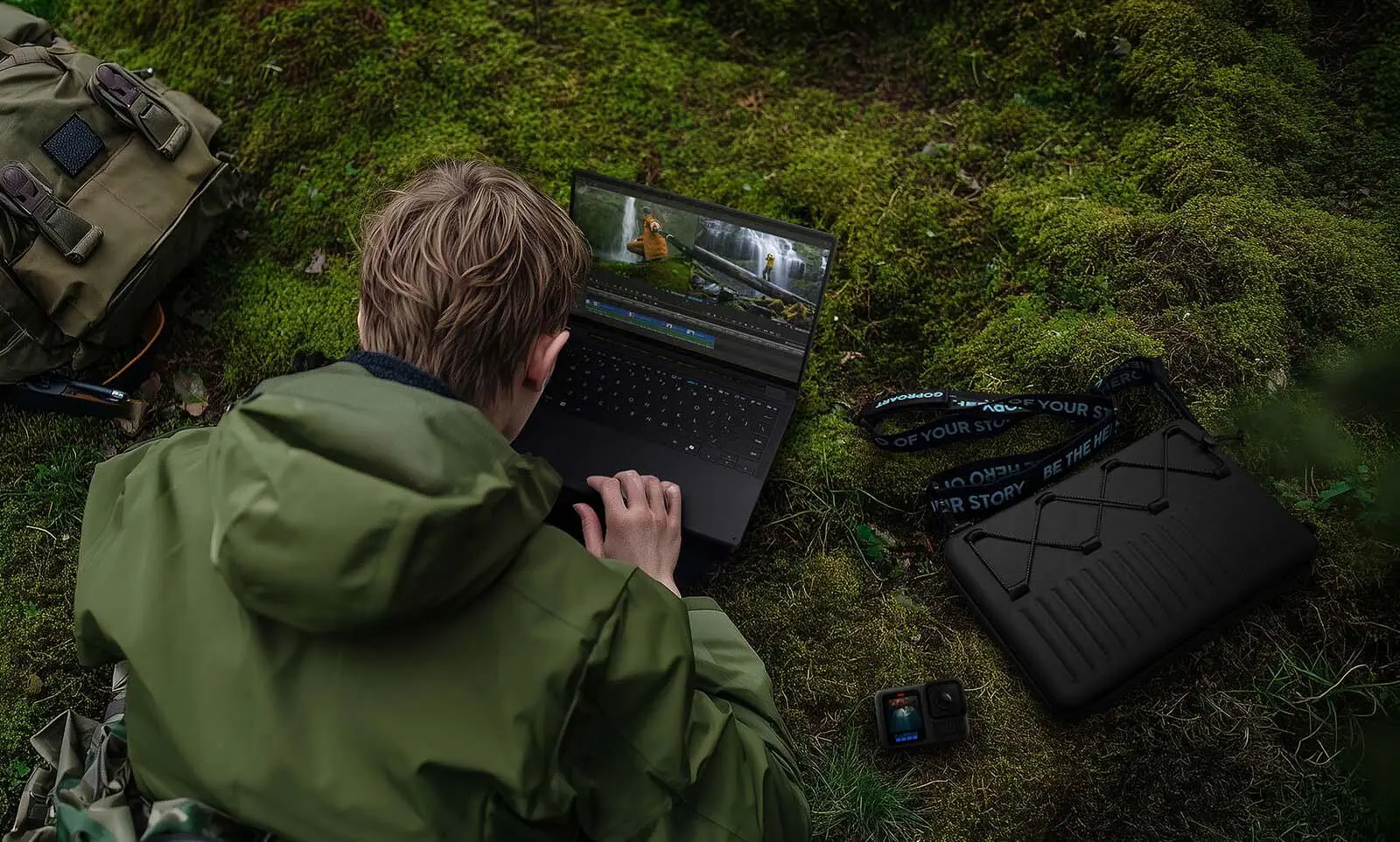 Чоловік схиляється над ASUS ProArt PX13, що лежить на землі.