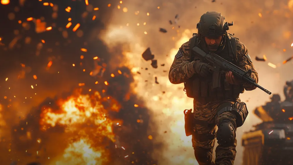 Екран з військової відеогри, солдат з гвинтівкою йде до глядача, на задньому плані чути вогонь від вибуху.