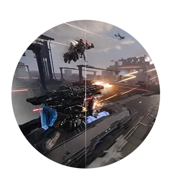 Динамічна сцена з комп'ютерної гри, порівняння зображення з автоматичним режимом низької затримки та без нього.