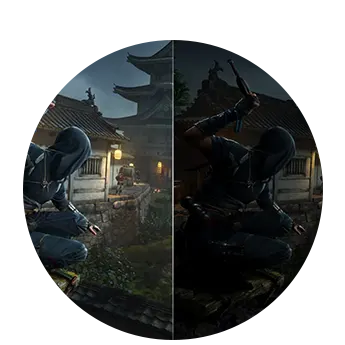 Порівняння двох сцен з комп'ютерної гри, ліва сторона показує більше деталей завдяки функції Black Equalizer