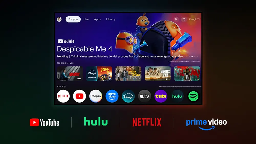 Скріншот потокового сервісу з чотирма логотипами сервісів внизу, зокрема YouTube та Netflix.