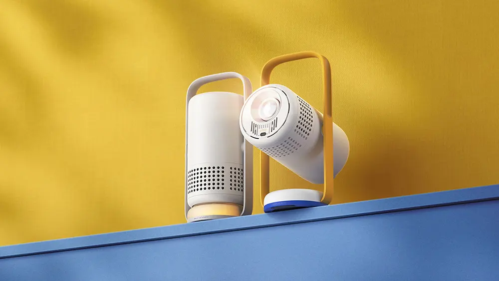 Два проектори XGIMI Vibe One, розміщені на синій полиці