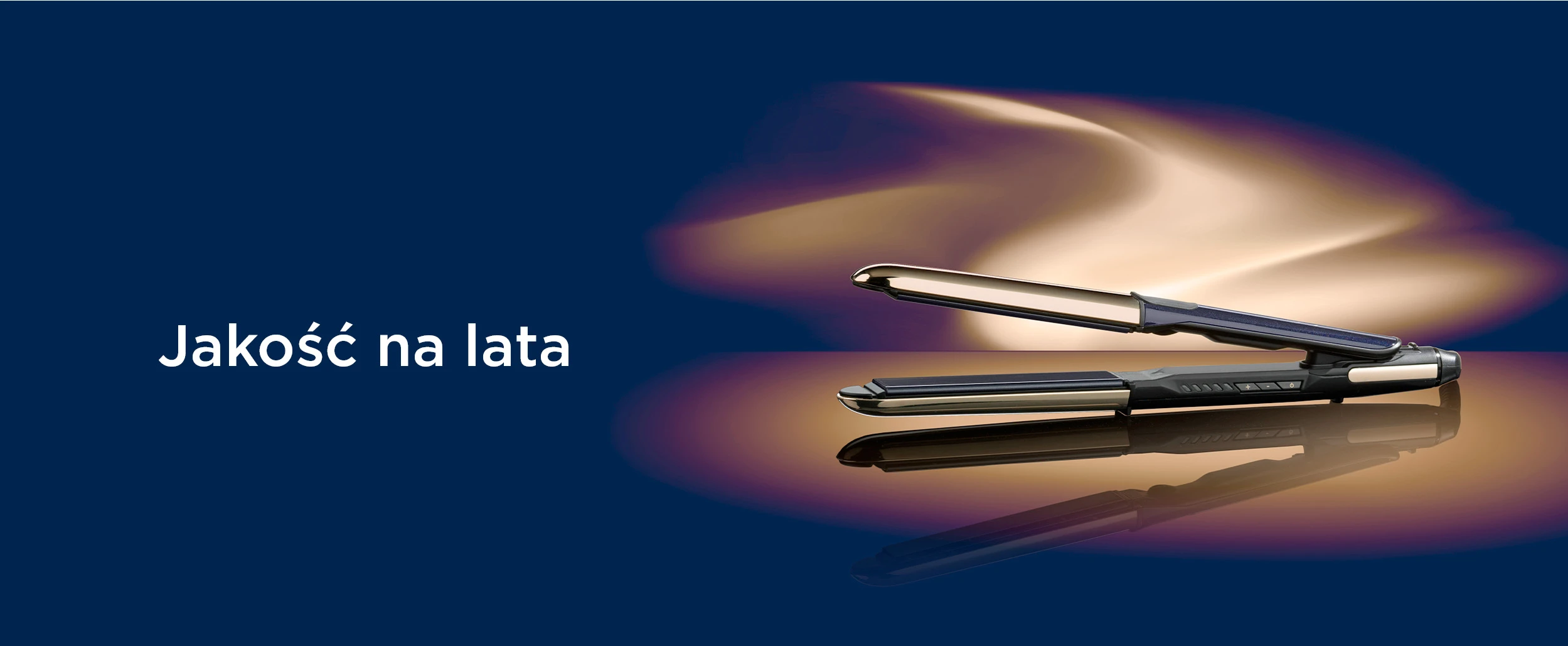 Prostownica BaByliss ST484 na granatowym tle oraz napis „Jakość na lata”