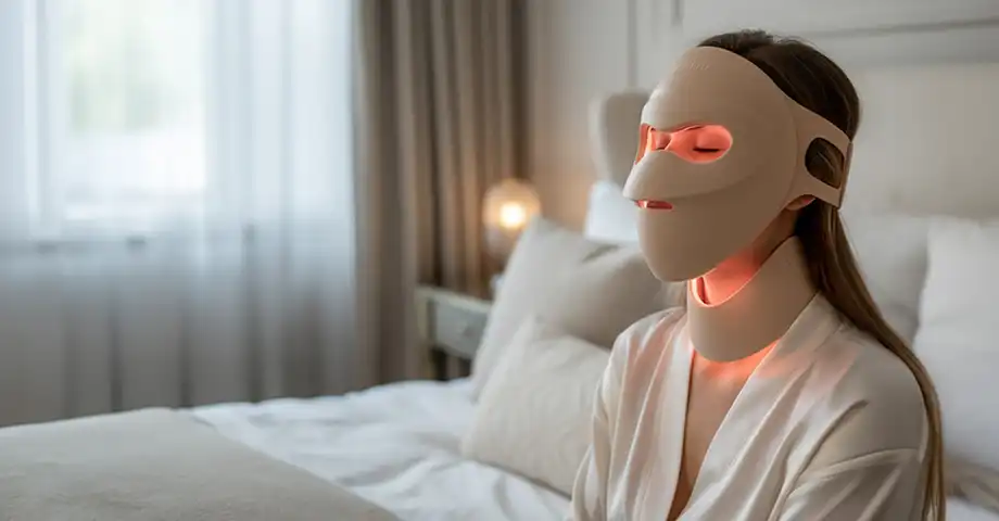 Жінка в масці Beautifly сидить на ліжку під час процедури.