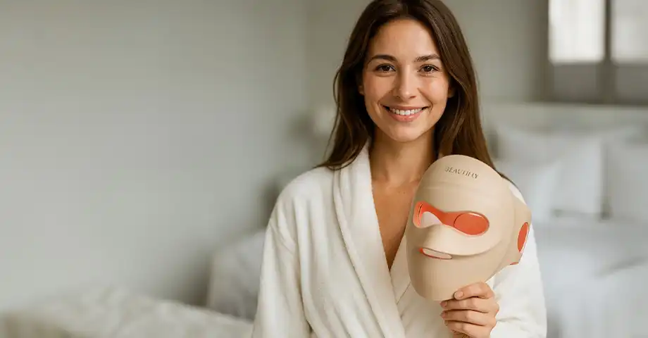 Жінка тримає маску Beautifly Aura NovaSkin у спальні