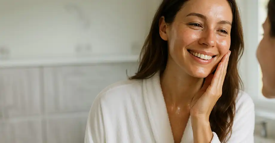 Жінка з сяючою шкірою обличчя торкається своєї щоки після процедури