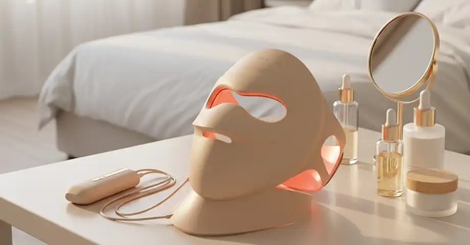 Маска Beautifly на столі поруч із косметикою та дзеркалом