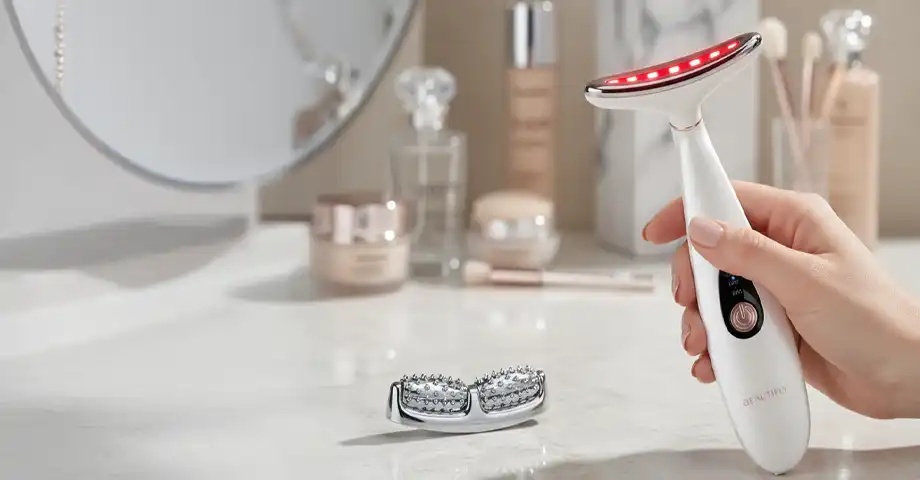 Рука тримає білий масажер Beautifly з червоним світлом