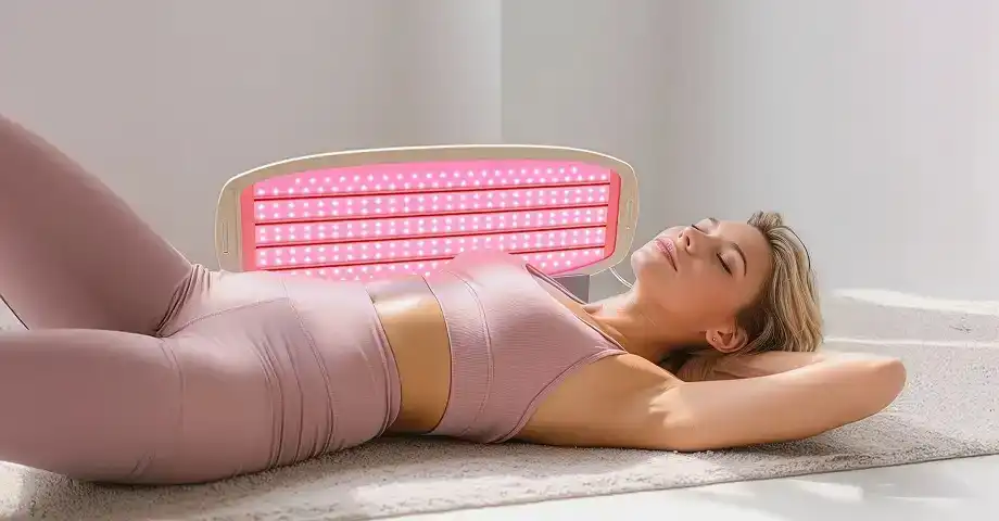 Жінка розслабляється, лежачи на підлозі поруч із панеллю Beautifly, що випромінює рожеве світло.